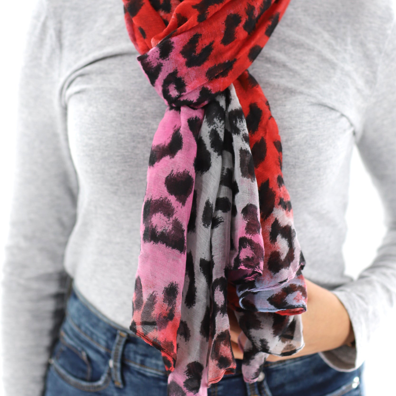 Soft Animal Print Scarf - Blue - Orange - Red - 100% Polyester - Scarves - La Fiorentina,Red SATIN-22_red