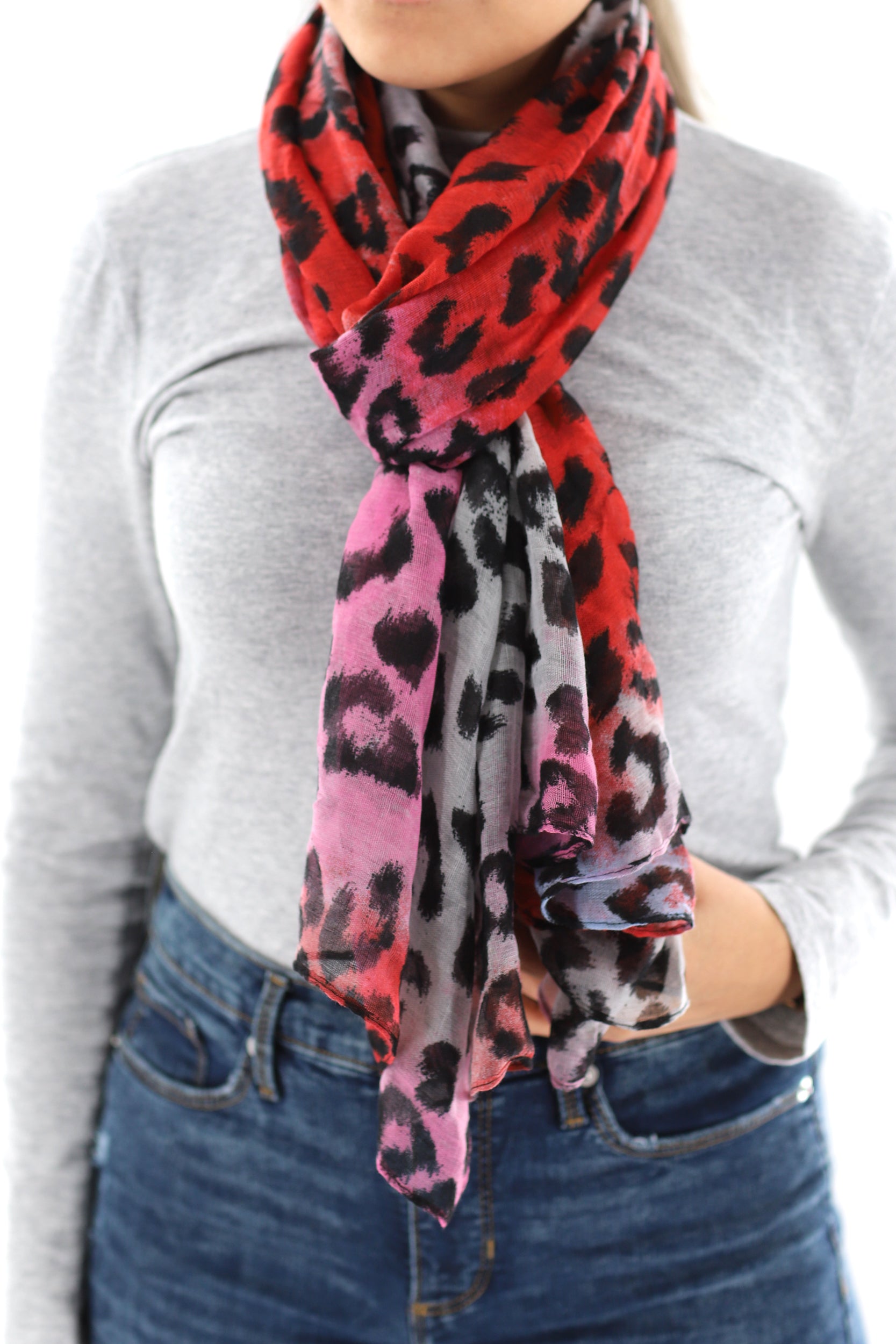 Soft Animal Print Scarf - Blue - Orange - Red - 100% Polyester - Scarves - La Fiorentina,Red SATIN-22_red
