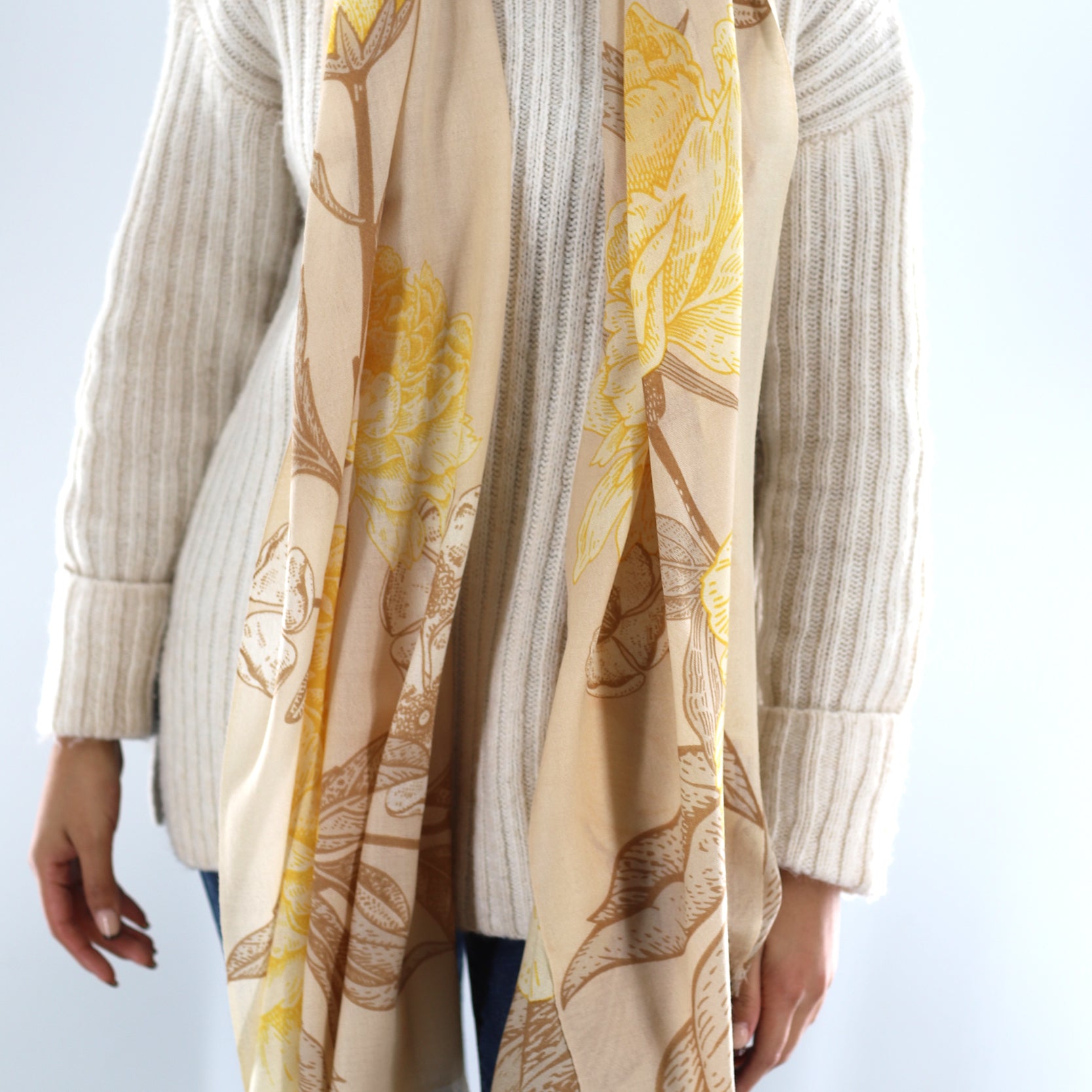 La Fiorentina 100% Wool Soft Floral Scarf - Camel - Scarf - La Fiorentina SW2203_camel