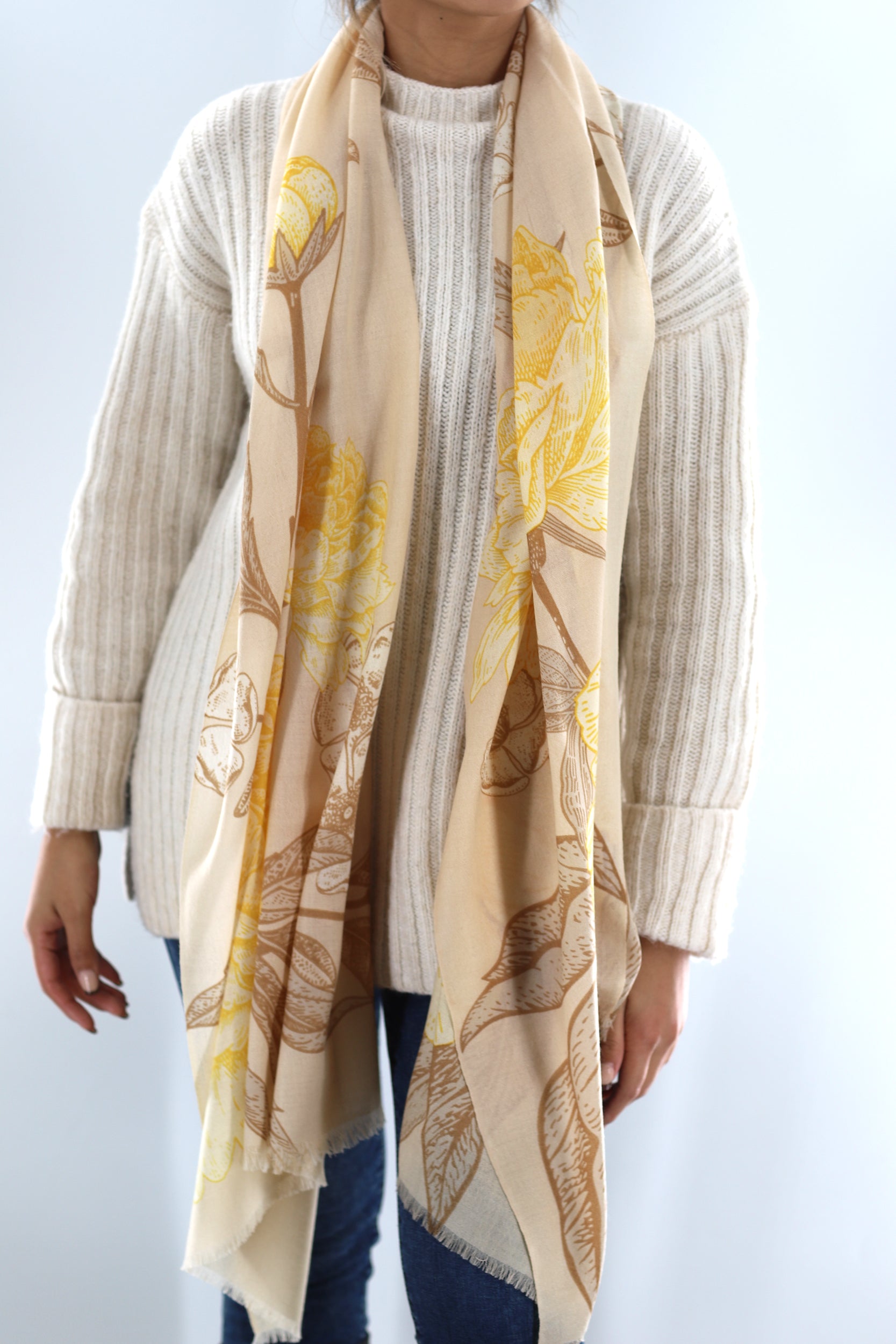 Rustic Marino Lamb Wool Digitally Printed offers Floral Soft Scarf with Tassels - Free Shipping in US