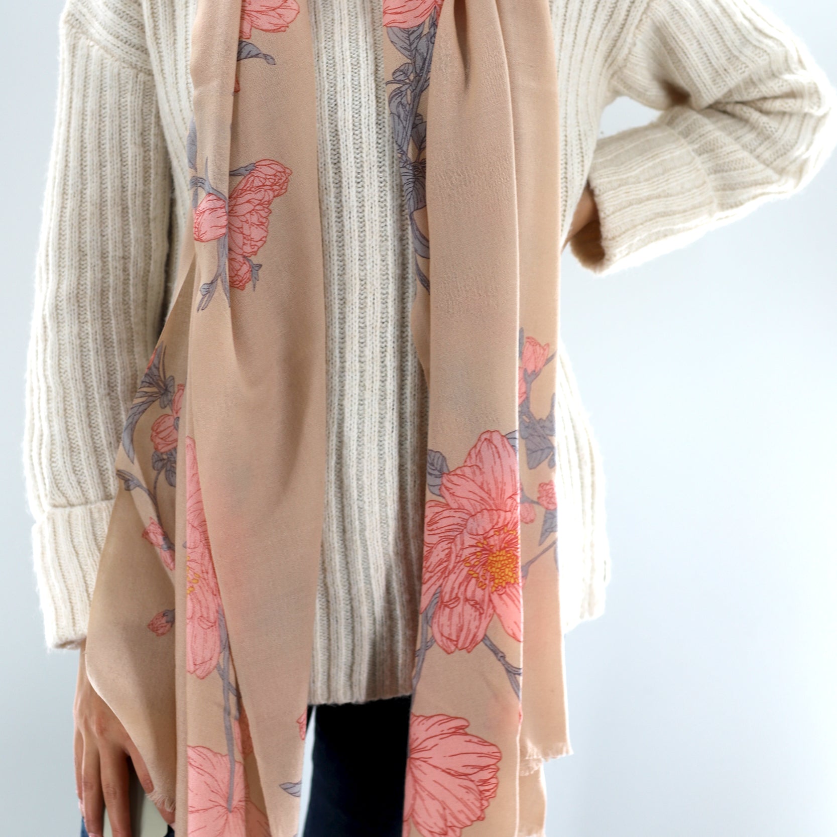 Wool Soft Floral Print Scarf - Scarf - La Fiorentina,Camel SW2204_camel