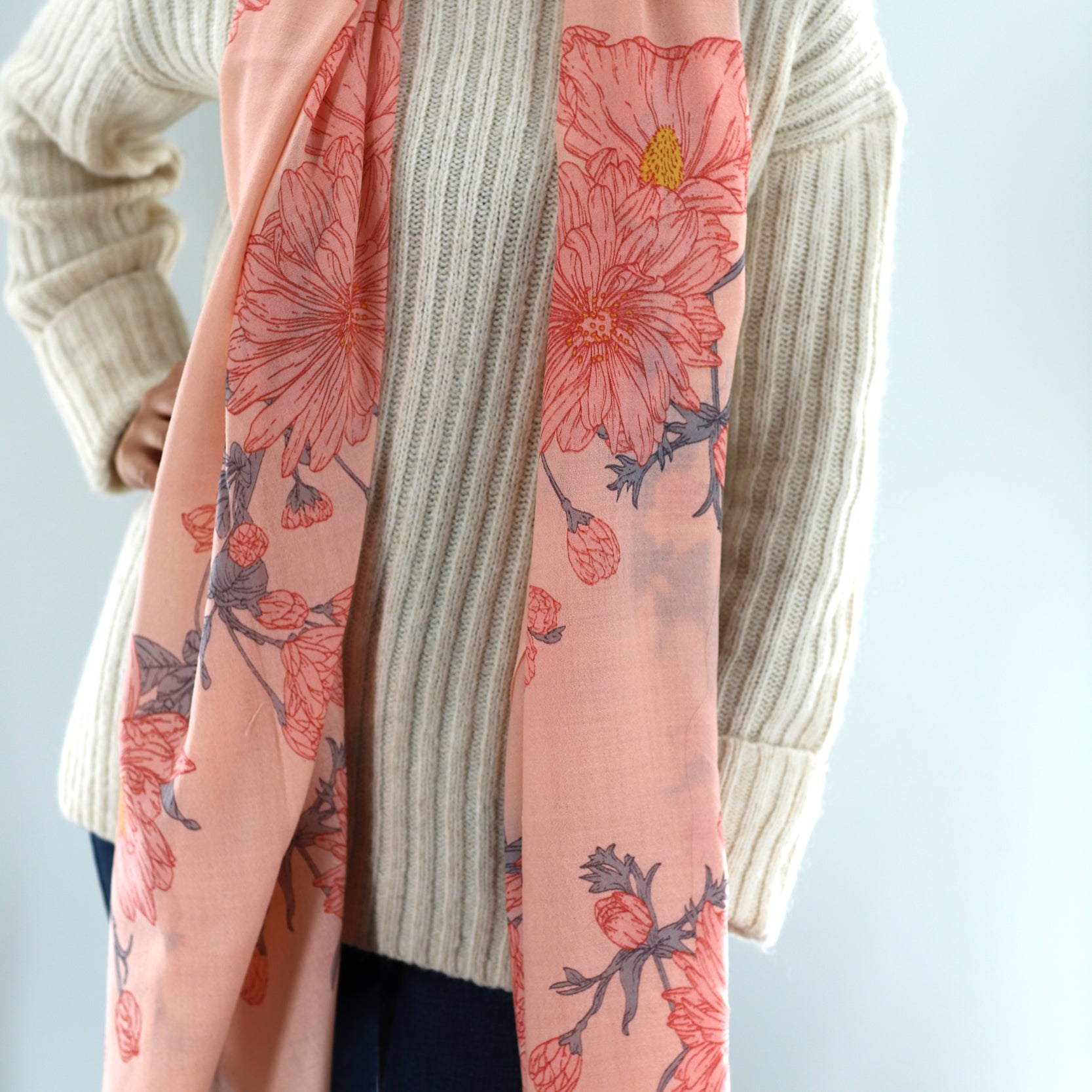 Wool Soft Floral Print Scarf - Scarf - La Fiorentina,Pink SW2204_pink