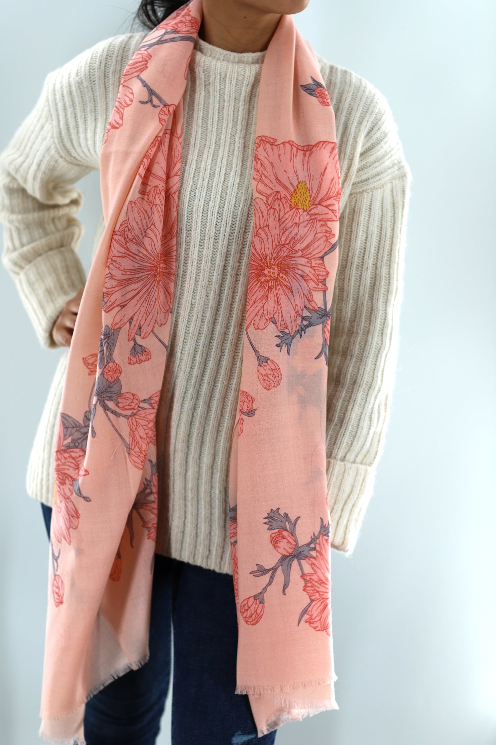 Wool Soft Floral Print Scarf - Scarf - La Fiorentina,Pink SW2204_pink