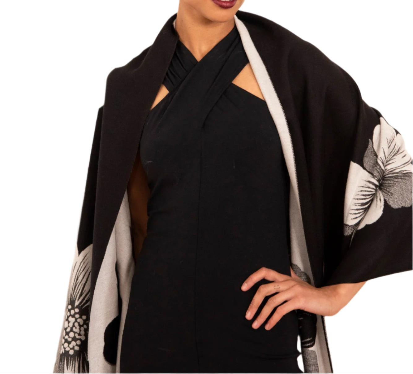 La Fiorentina  | Floral Print Wrap with Fox Poms | Black/White - Clothing Accessories - La Fiorentina TINA-59-A-BLKWHT