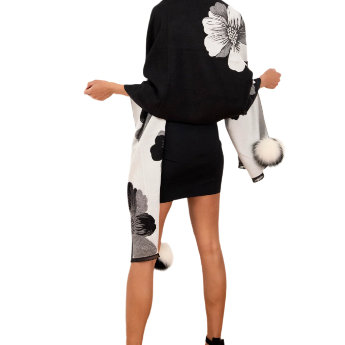 La Fiorentina  | Floral Print Wrap with Fox Poms | Black/White - Clothing Accessories - La Fiorentina TINA-59-A-BLKWHT
