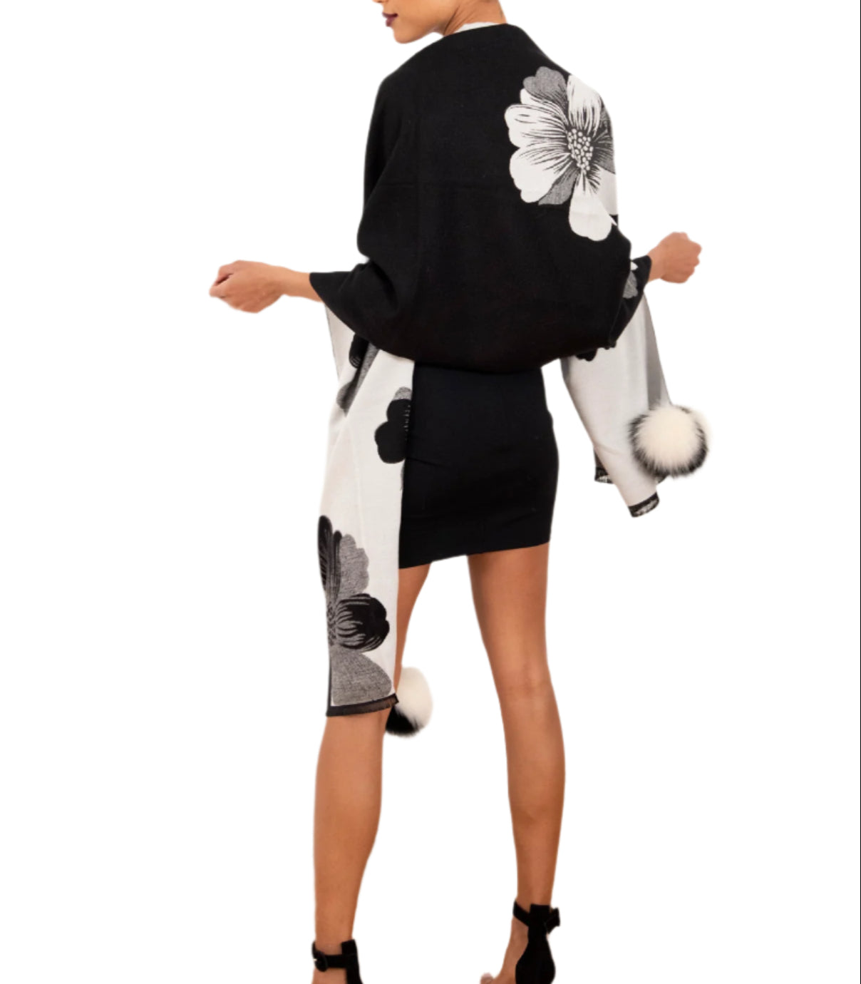 La Fiorentina  | Floral Print Wrap with Fox Poms | Black/White - Clothing Accessories - La Fiorentina TINA-59-A-BLKWHT