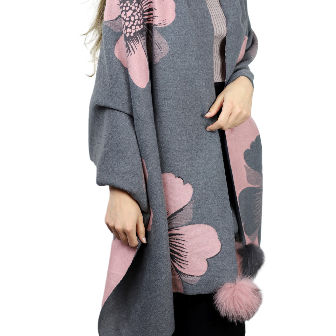 La Fiorentina  | Floral Print Wrap with Fox Poms | Grey/Pink - Clothing Accessories - La Fiorentina TINA-59-A-GREYPNK