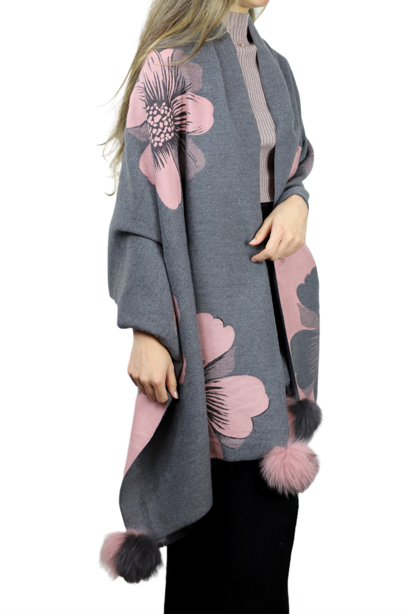 La Fiorentina  | Floral Print Wrap with Fox Poms | Grey/Pink - Clothing Accessories - La Fiorentina TINA-59-A-GREYPNK