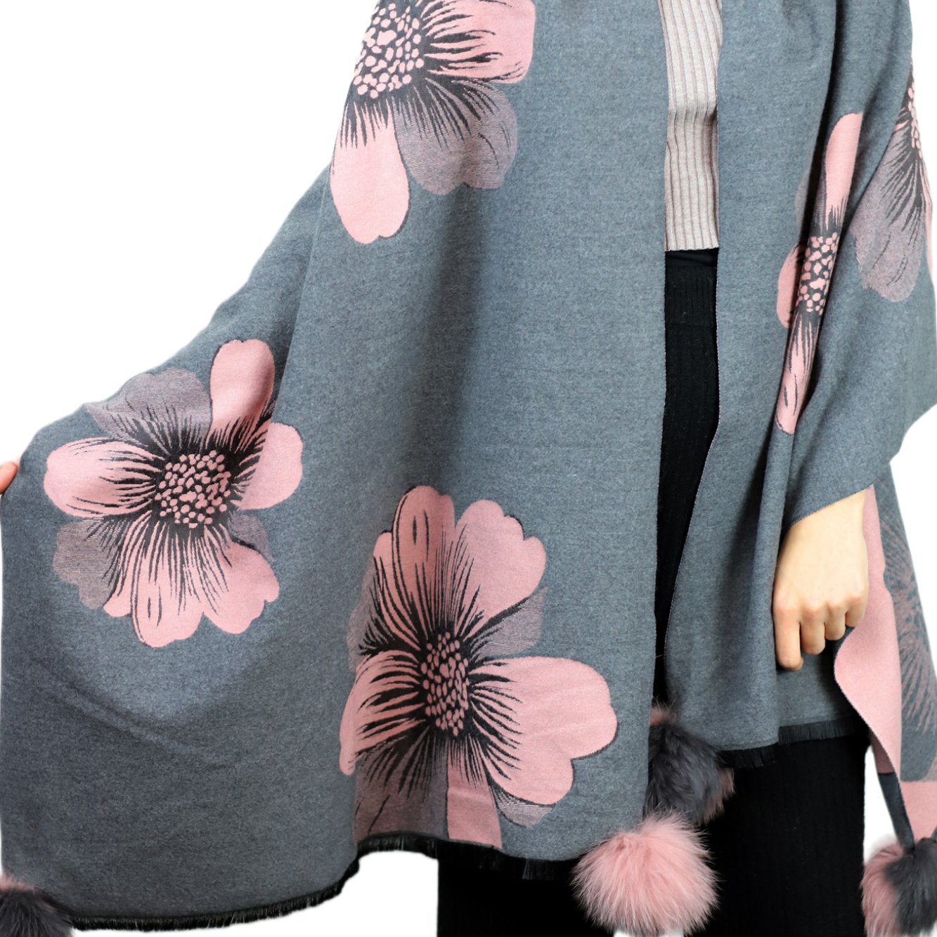 La Fiorentina  | Floral Print Wrap with Fox Poms | Grey/Pink - Clothing Accessories - La Fiorentina TINA-59-A-GREYPNK