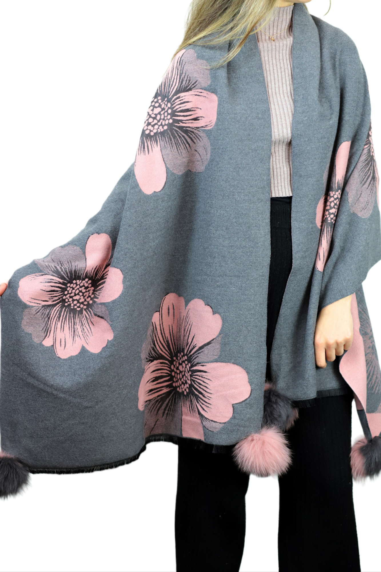 La Fiorentina  | Floral Print Wrap with Fox Poms | Grey/Pink - Clothing Accessories - La Fiorentina TINA-59-A-GREYPNK