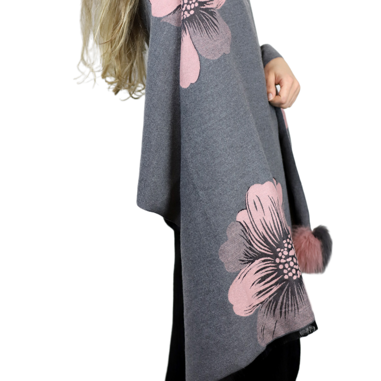 La Fiorentina  | Floral Print Wrap with Fox Poms | Grey/Pink - Clothing Accessories - La Fiorentina TINA-59-A-GREYPNK