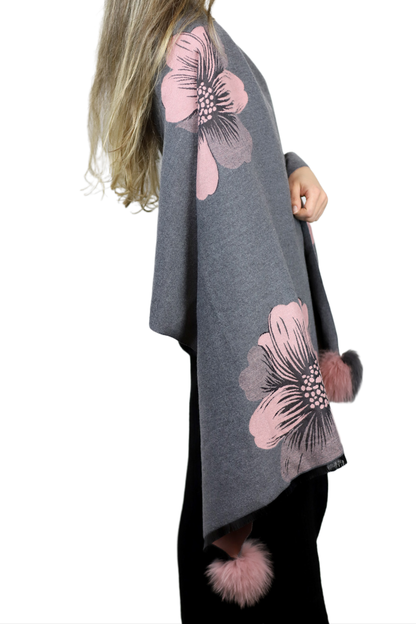 La Fiorentina  | Floral Print Wrap with Fox Poms | Grey/Pink - Clothing Accessories - La Fiorentina TINA-59-A-GREYPNK