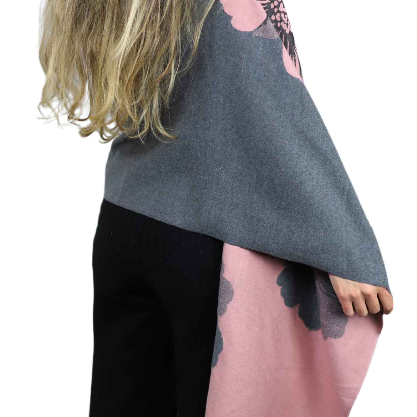 La Fiorentina  | Floral Print Wrap with Fox Poms | Grey/Pink - Clothing Accessories - La Fiorentina TINA-59-A-GREYPNK