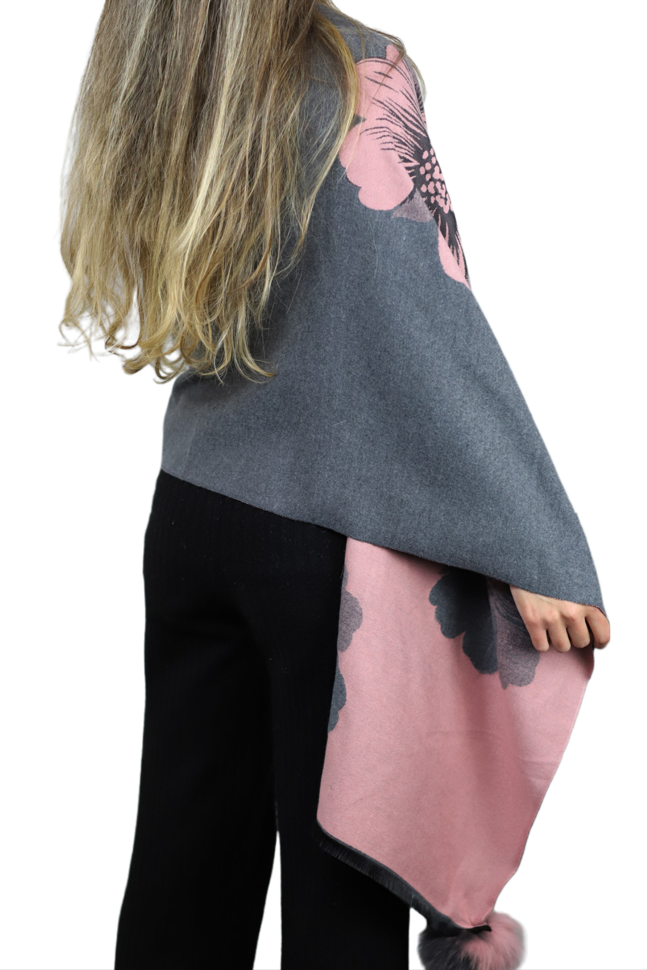 La Fiorentina  | Floral Print Wrap with Fox Poms | Grey/Pink - Clothing Accessories - La Fiorentina TINA-59-A-GREYPNK