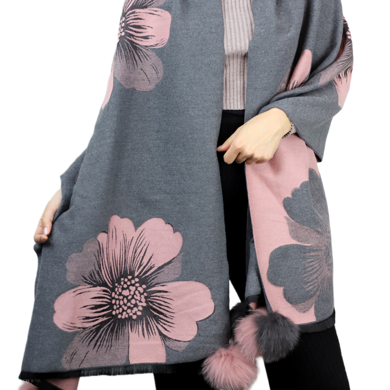 La Fiorentina  | Floral Print Wrap with Fox Poms | Grey/Pink - Clothing Accessories - La Fiorentina TINA-59-A-GREYPNK