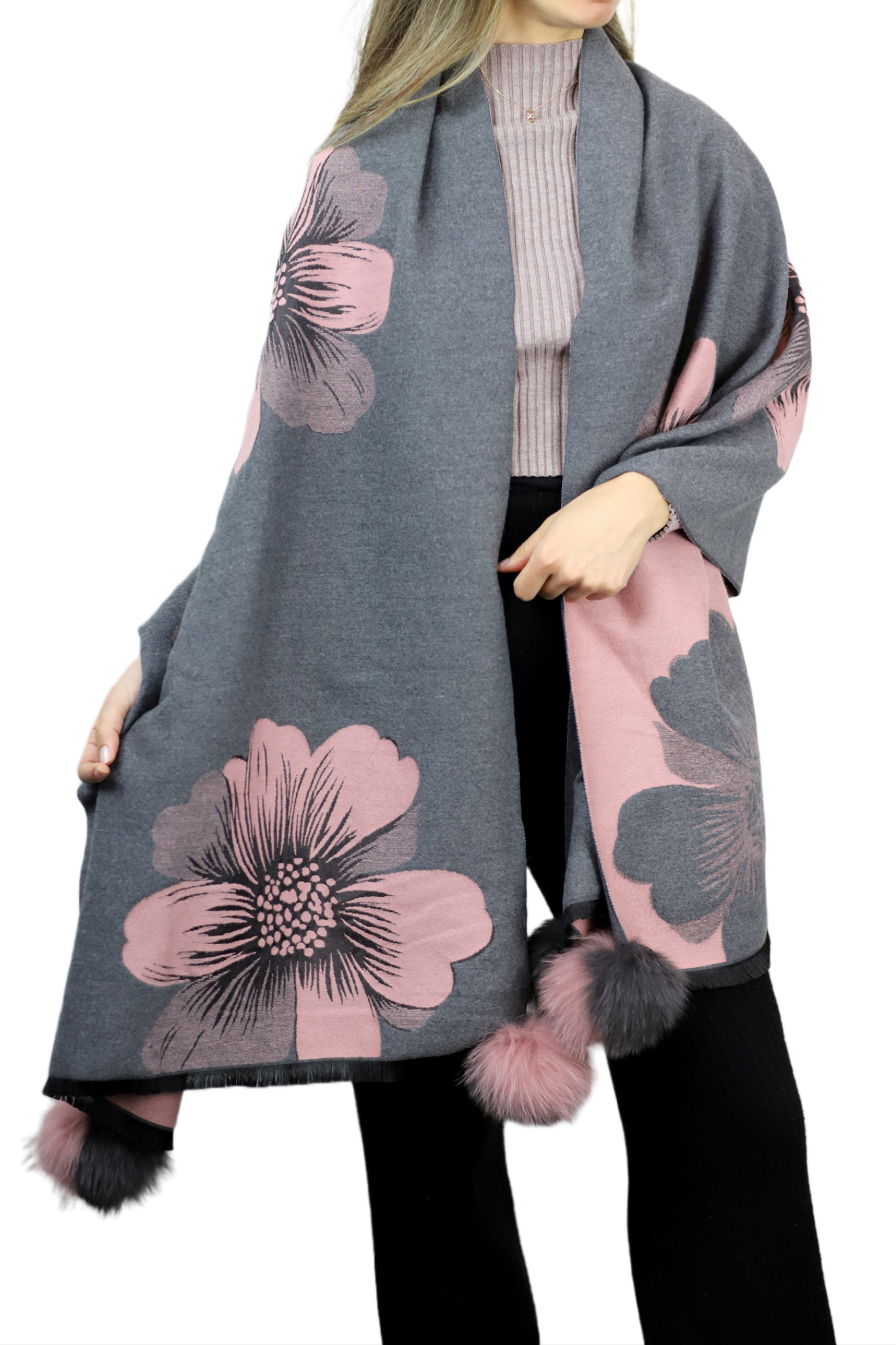 La Fiorentina  | Floral Print Wrap with Fox Poms | Grey/Pink - Clothing Accessories - La Fiorentina TINA-59-A-GREYPNK