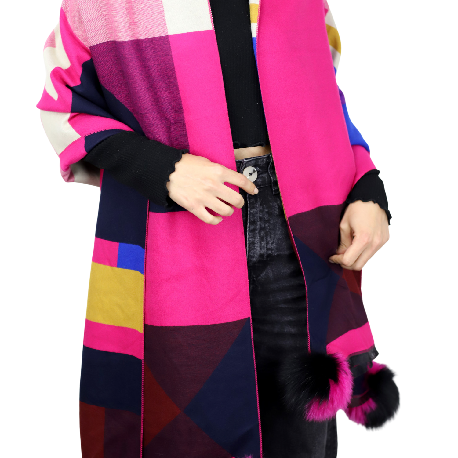 Knitted Scarf with Fox Fur Poms | Fuschia Mixed - Clothing Accessories - La Fiorentina TINA59-C-FUSCHIA