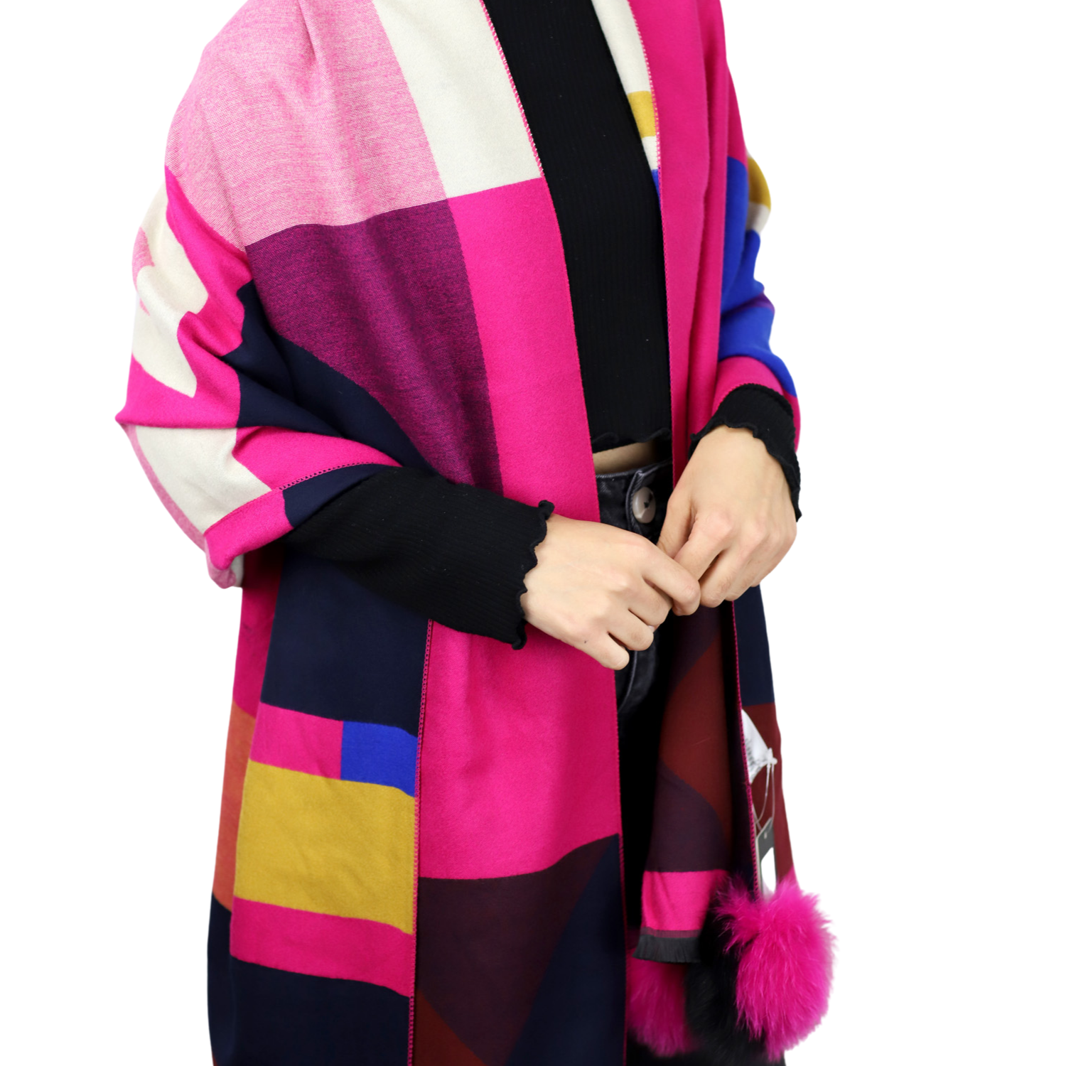 Knitted Scarf with Fox Fur Poms | Fuschia Mixed - Clothing Accessories - La Fiorentina TINA59-C-FUSCHIA