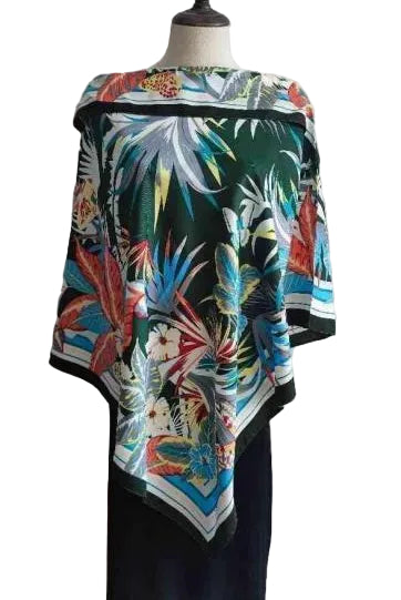 La Fiorentina Tropical Print Poncho 100% Polyester - Green - Spring Poncho - La Fiorentina TN1733-23-B-GREEN