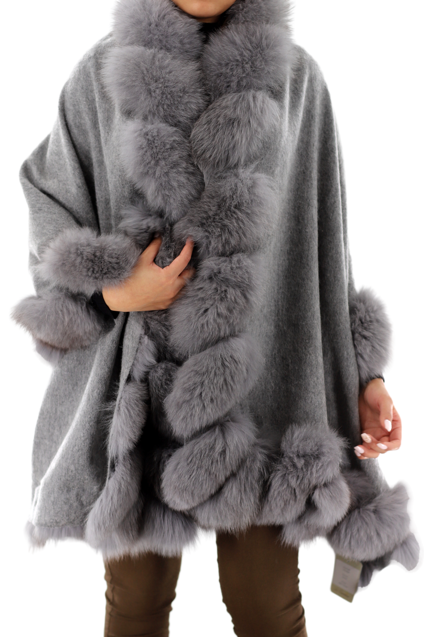 La Fiorentina Plush Fox Trimmed Wrap - Grey - Wrap - La Fiorentina TN1946-grey
