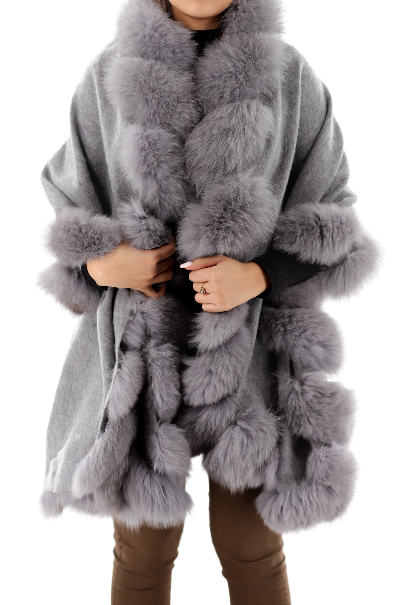 La Fiorentina Plush Fox Trimmed Wrap - Grey - Wrap - La Fiorentina TN1946-grey