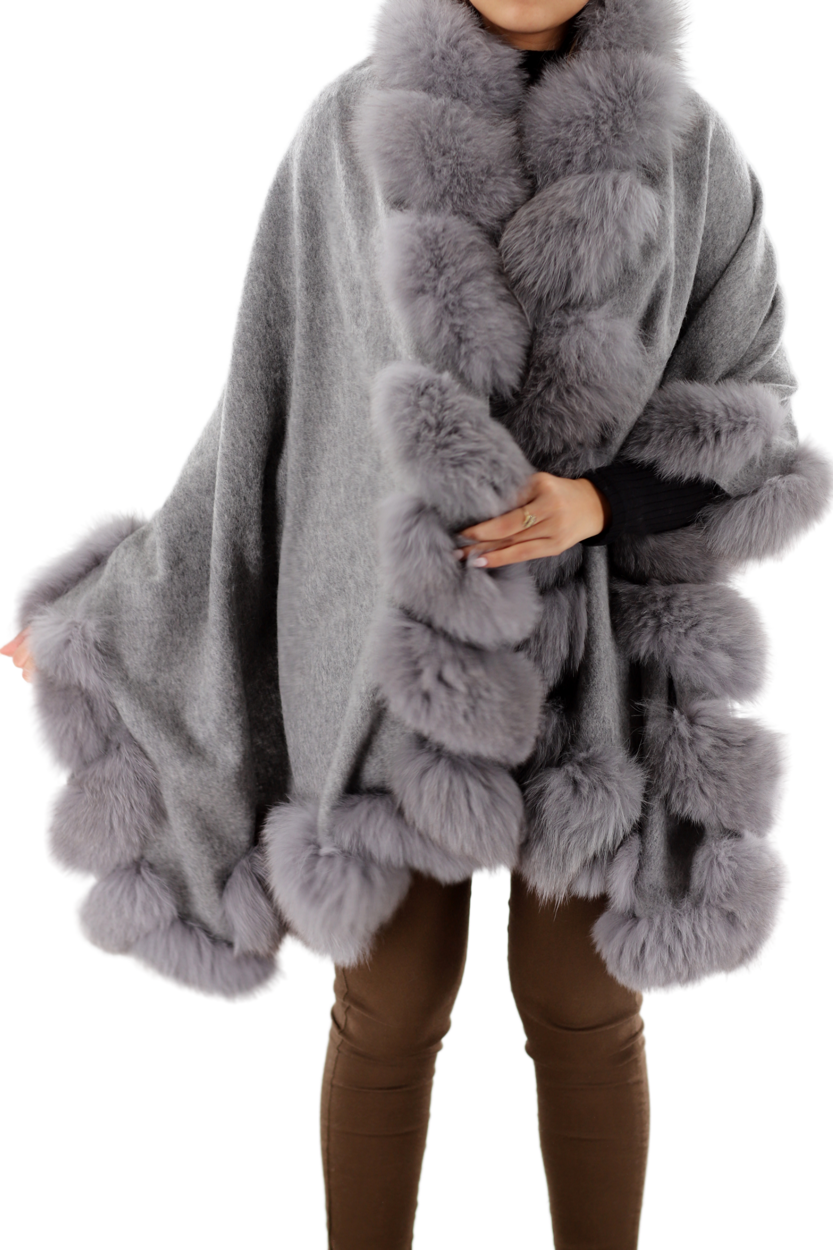 La Fiorentina Plush Fox Trimmed Wrap - Grey - Wrap - La Fiorentina TN1946-grey