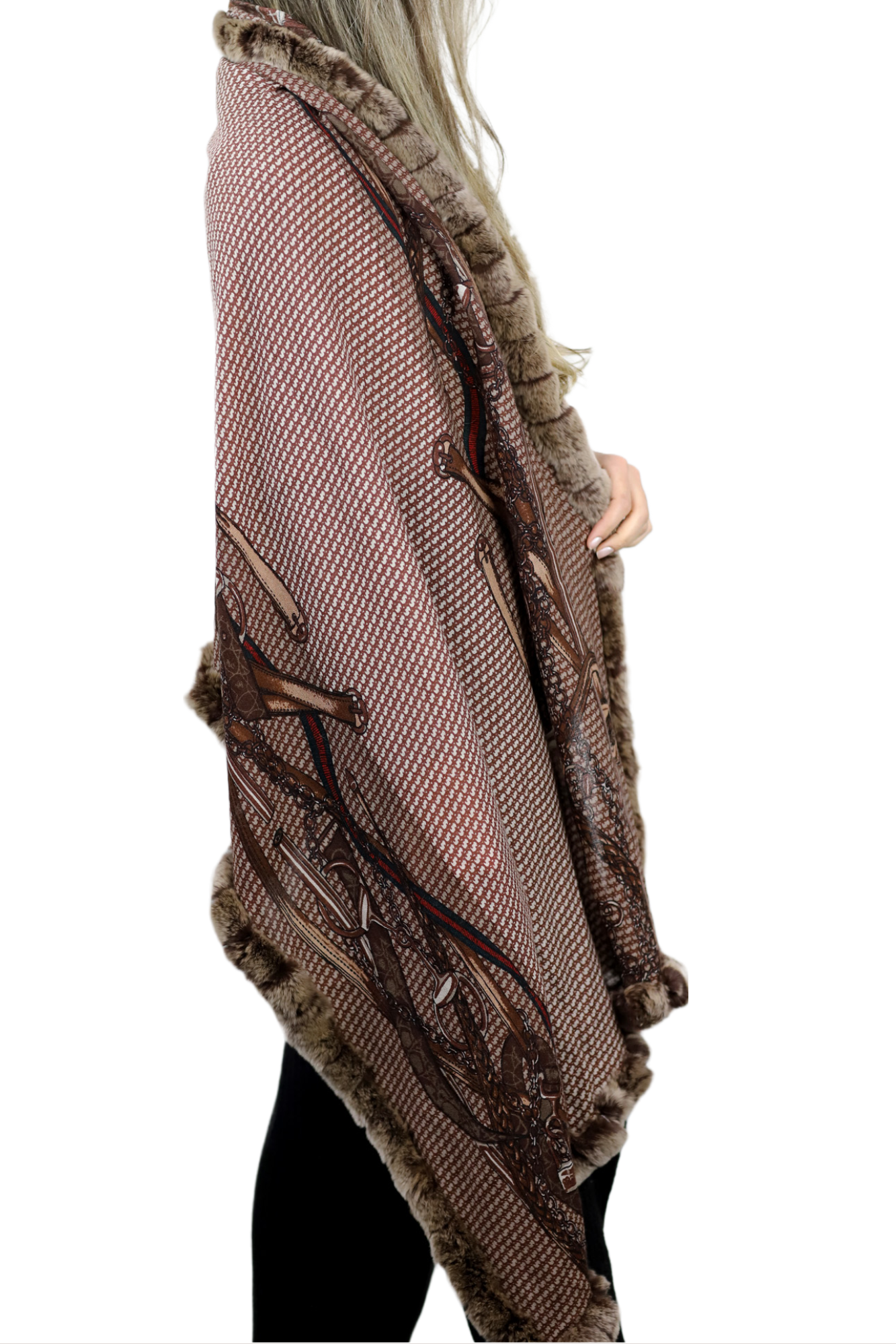 Stylish Print Rex Fur Trim Wrap - Camel - Wrap - La Fiorentina TN2106-REX-CAMEL