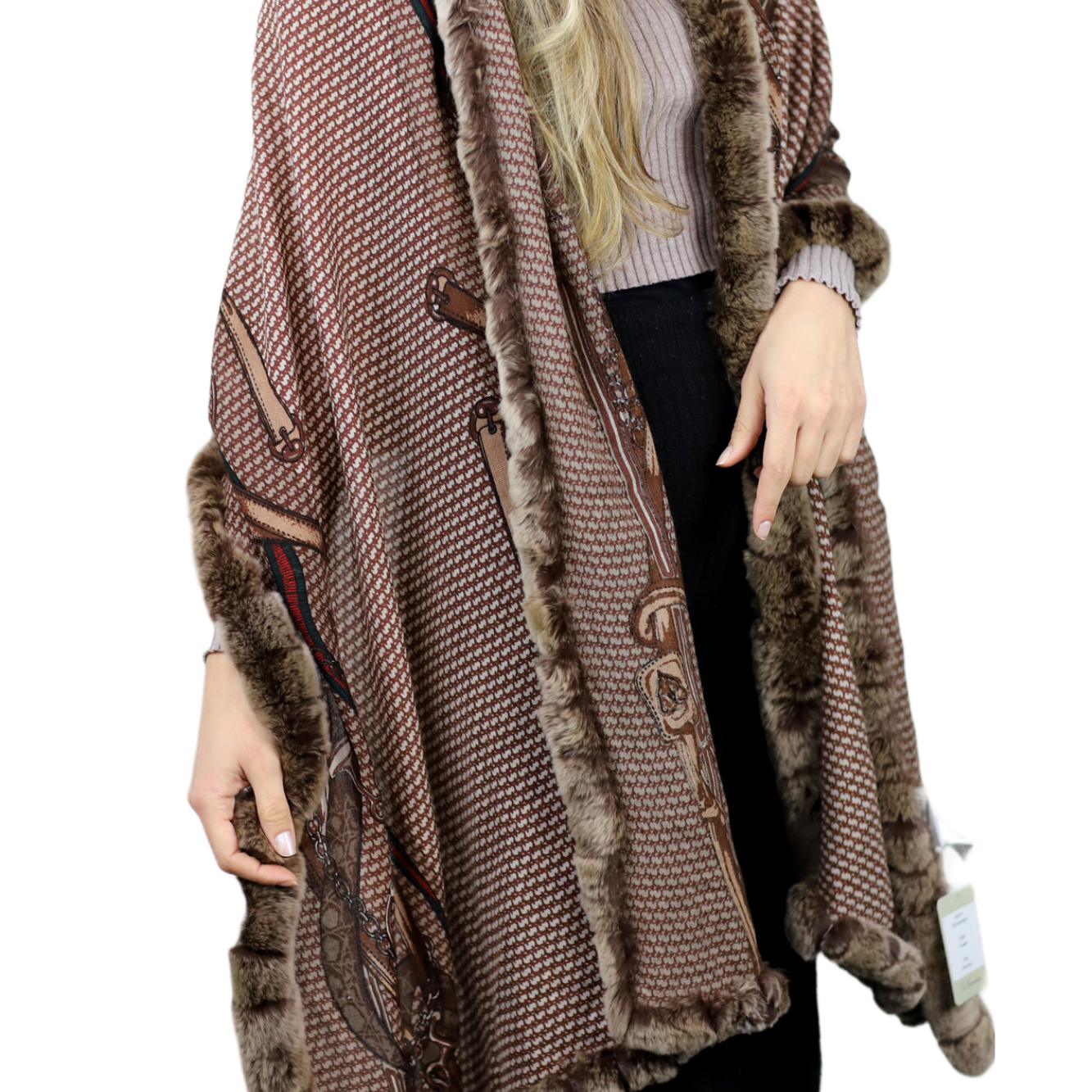Stylish Print Rex Fur Trim Wrap - Camel - Wrap - La Fiorentina TN2106-REX-CAMEL