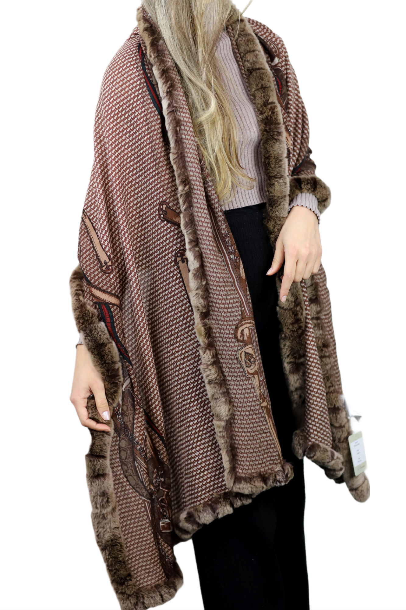 Stylish Print Rex Fur Trim Wrap - Camel - Wrap - La Fiorentina TN2106-REX-CAMEL