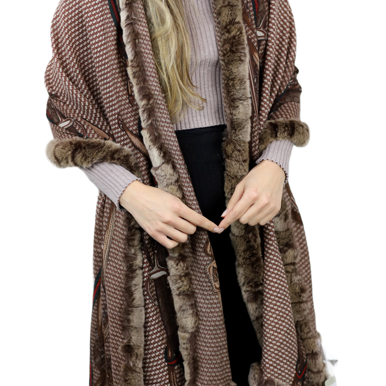 Stylish Print Rex Fur Trim Wrap - Camel - Wrap - La Fiorentina TN2106-REX-CAMEL