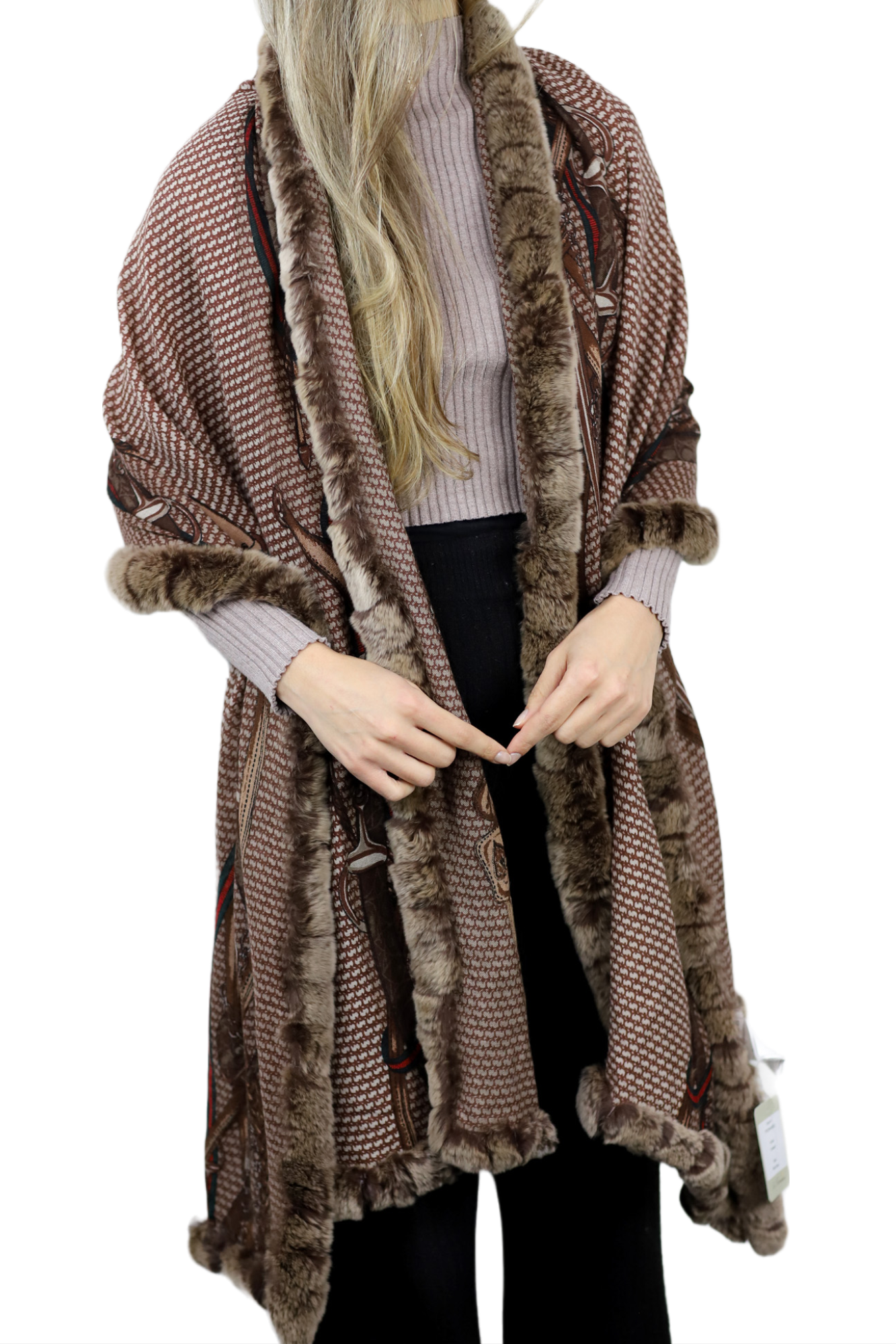 Stylish Print Rex Fur Trim Wrap - Camel - Wrap - La Fiorentina TN2106-REX-CAMEL