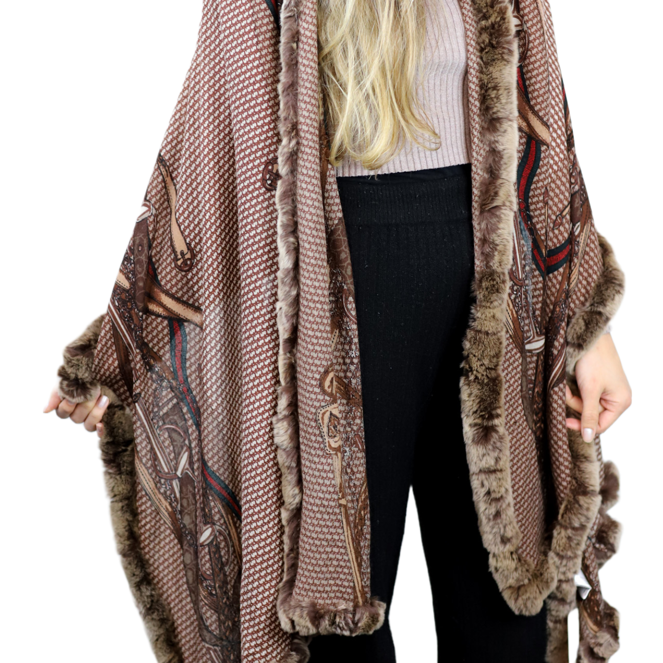 Stylish Print Rex Fur Trim Wrap - Camel - Wrap - La Fiorentina TN2106-REX-CAMEL