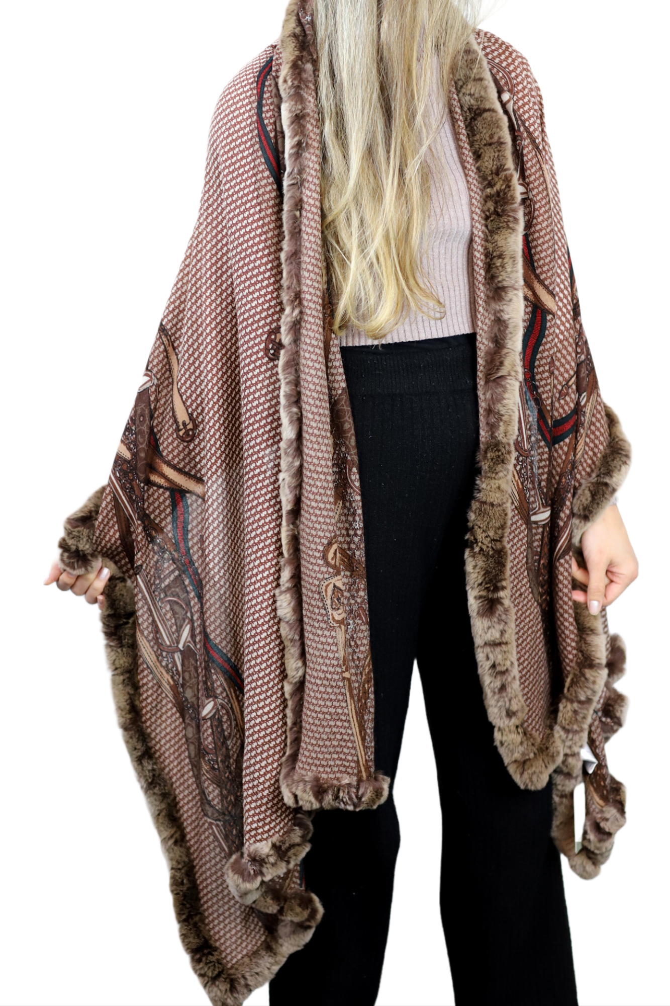 Stylish Print Rex Fur Trim Wrap - Camel - Wrap - La Fiorentina TN2106-REX-CAMEL