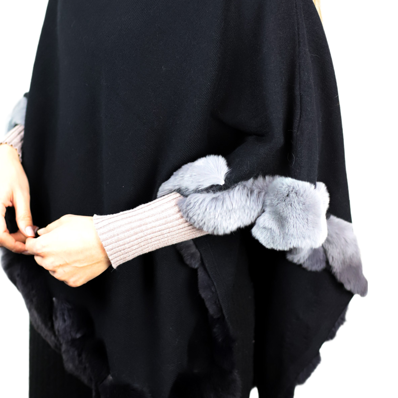 La Fiorentina | Asymmetrical Poncho with Ombre Fur Trim - Black - Fur Poncho - La Fiorentina TNF2111