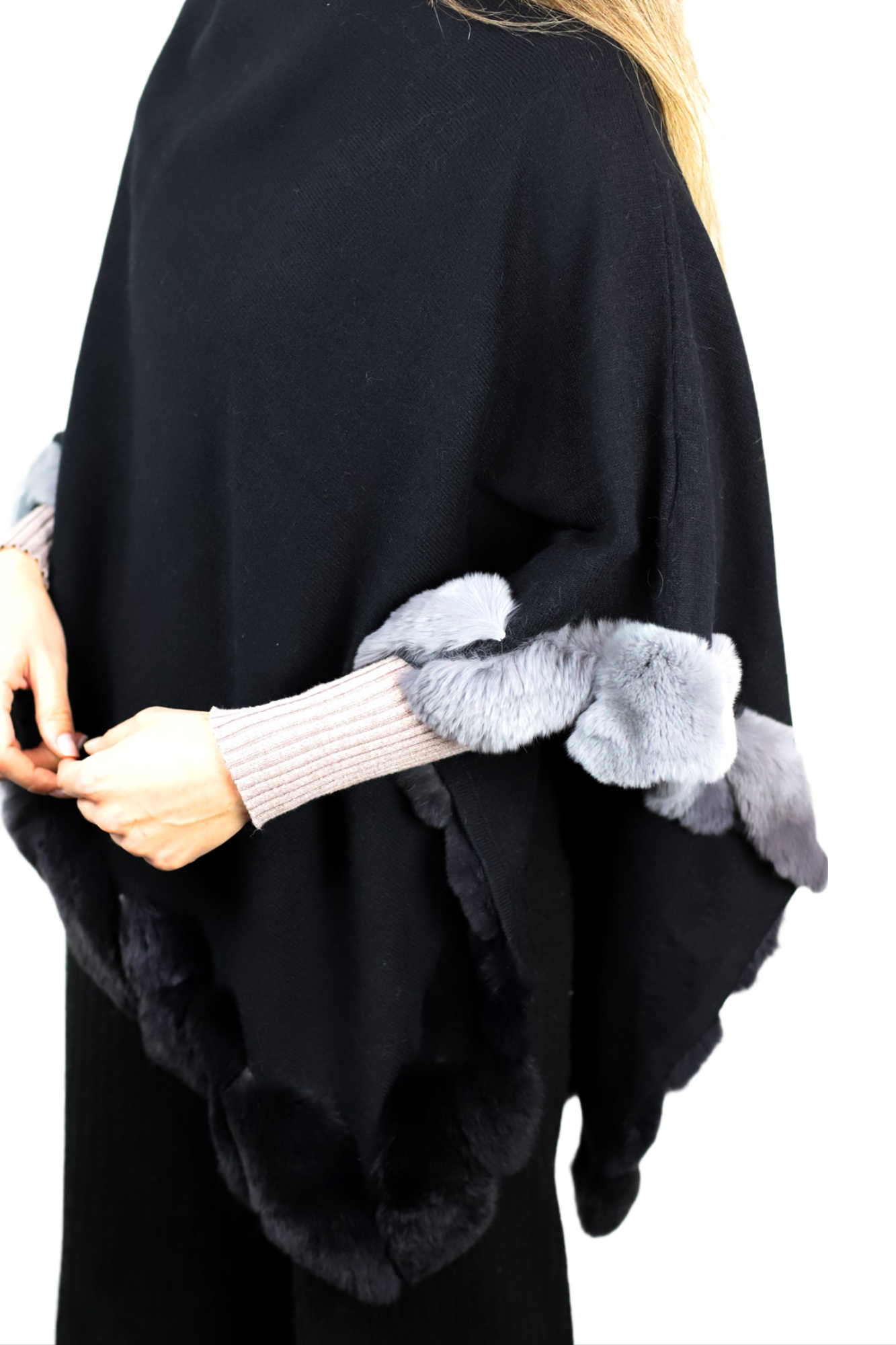 La Fiorentina | Asymmetrical Poncho with Ombre Fur Trim - Black - Fur Poncho - La Fiorentina TNF2111