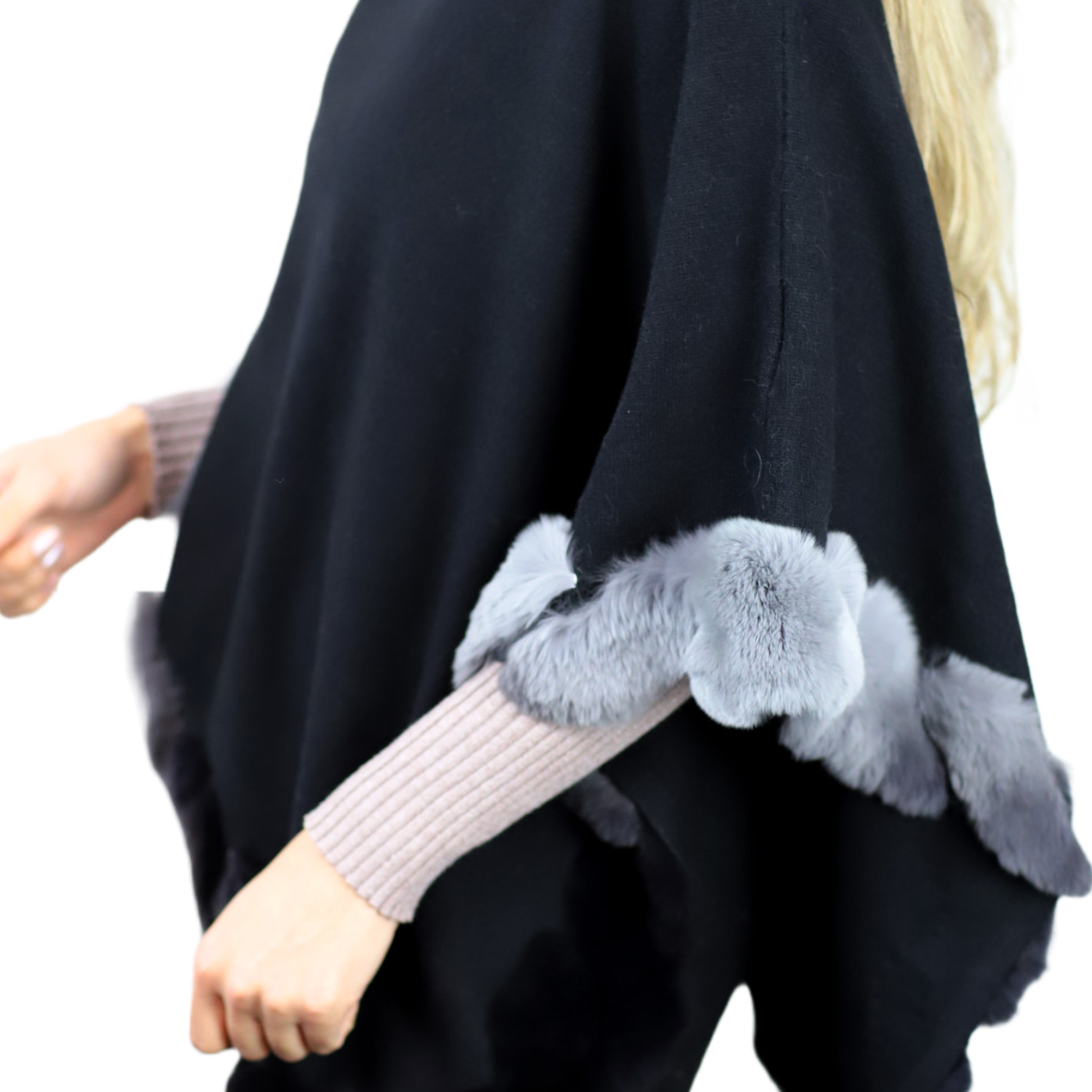 La Fiorentina | Asymmetrical Poncho with Ombre Fur Trim - Black - Fur Poncho - La Fiorentina TNF2111