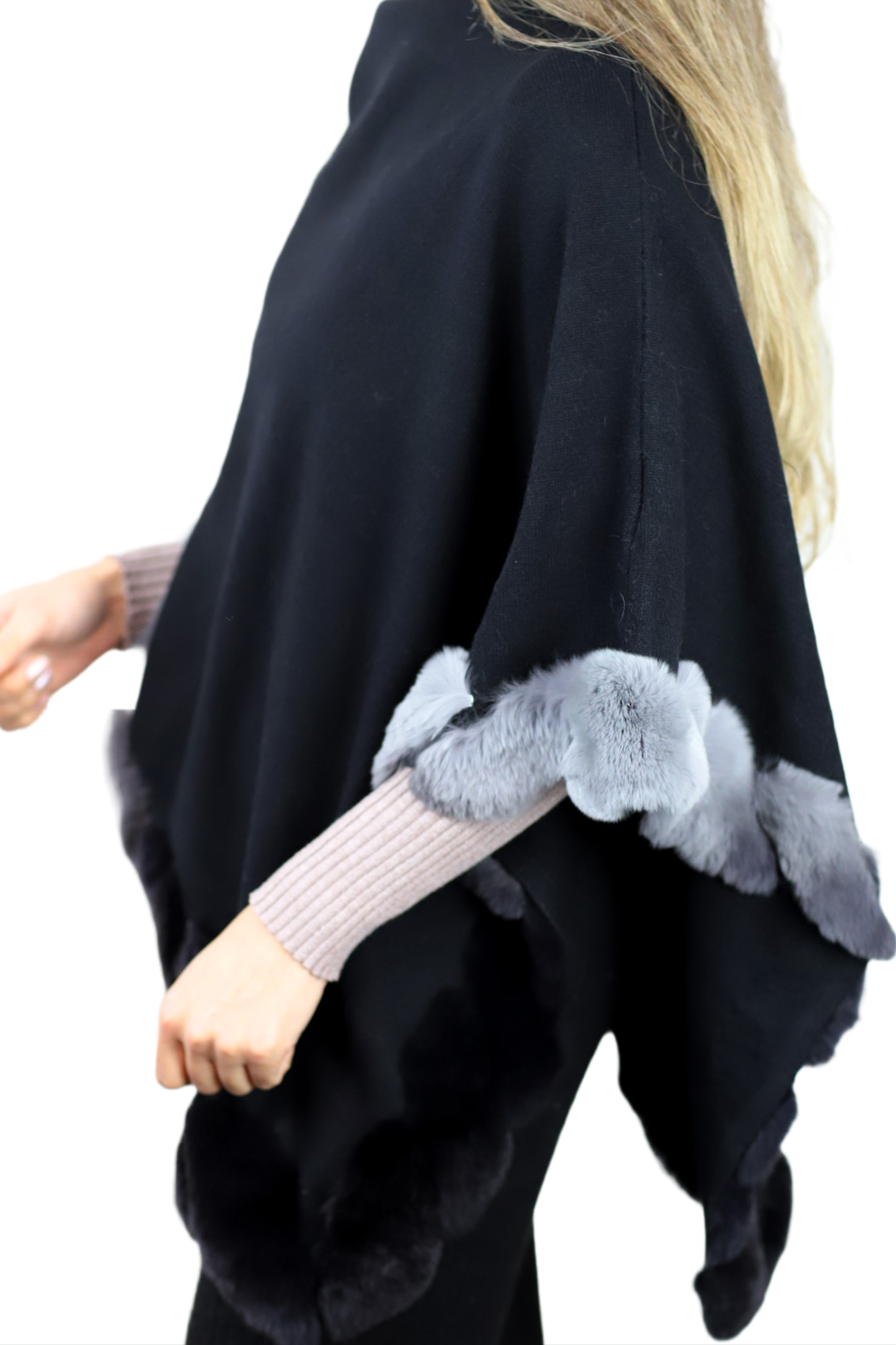 La Fiorentina | Asymmetrical Poncho with Ombre Fur Trim - Black - Fur Poncho - La Fiorentina TNF2111