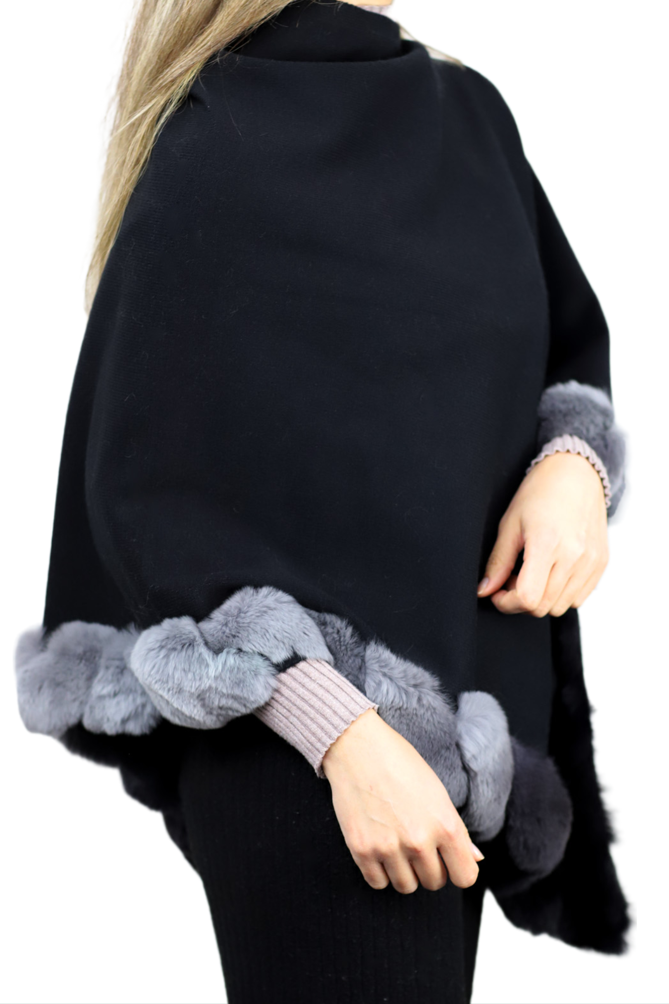 La Fiorentina | Asymmetrical Poncho with Ombre Fur Trim - Black - Fur Poncho - La Fiorentina TNF2111
