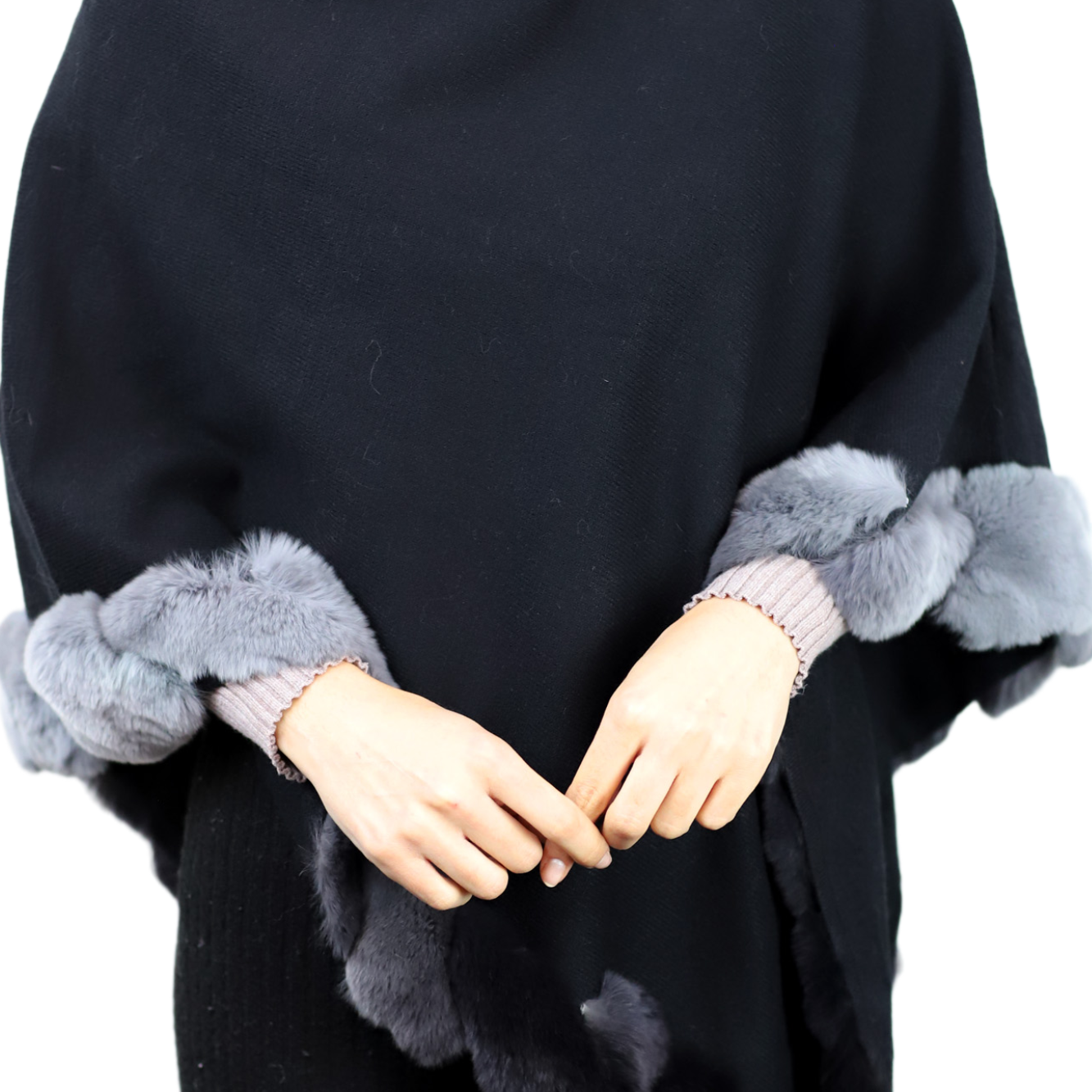 La Fiorentina | Asymmetrical Poncho with Ombre Fur Trim - Black - Fur Poncho - La Fiorentina TNF2111