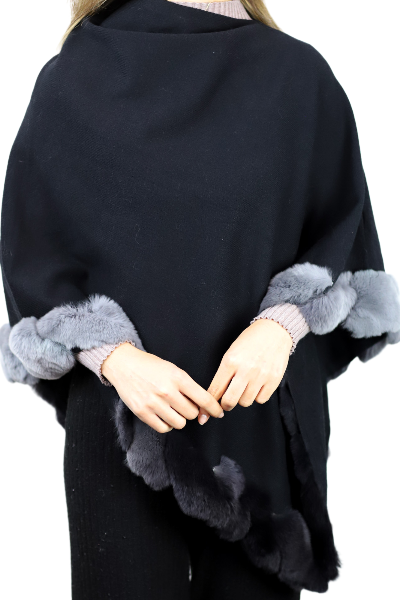 La Fiorentina | Asymmetrical Poncho with Ombre Fur Trim - Black - Fur Poncho - La Fiorentina TNF2111