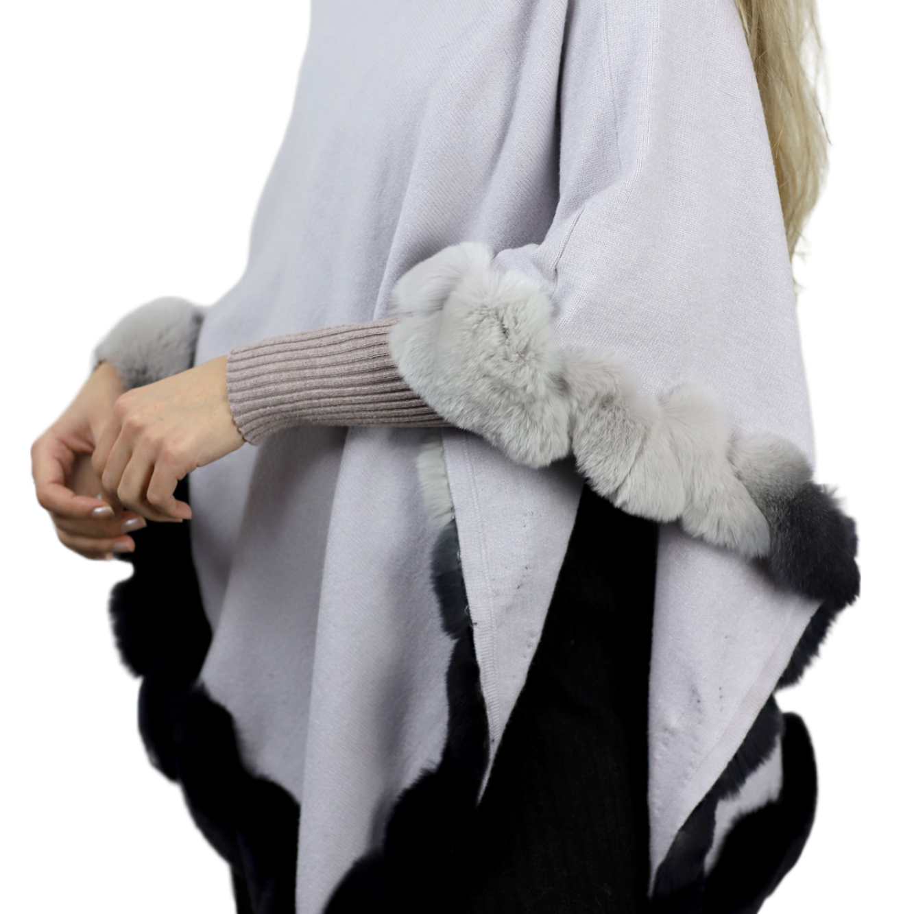 La Fiorentina | Asymmetrical Poncho with Ombre Fur Trim - Gray - Fur Poncho - La Fiorentina TNF2111-GRAY