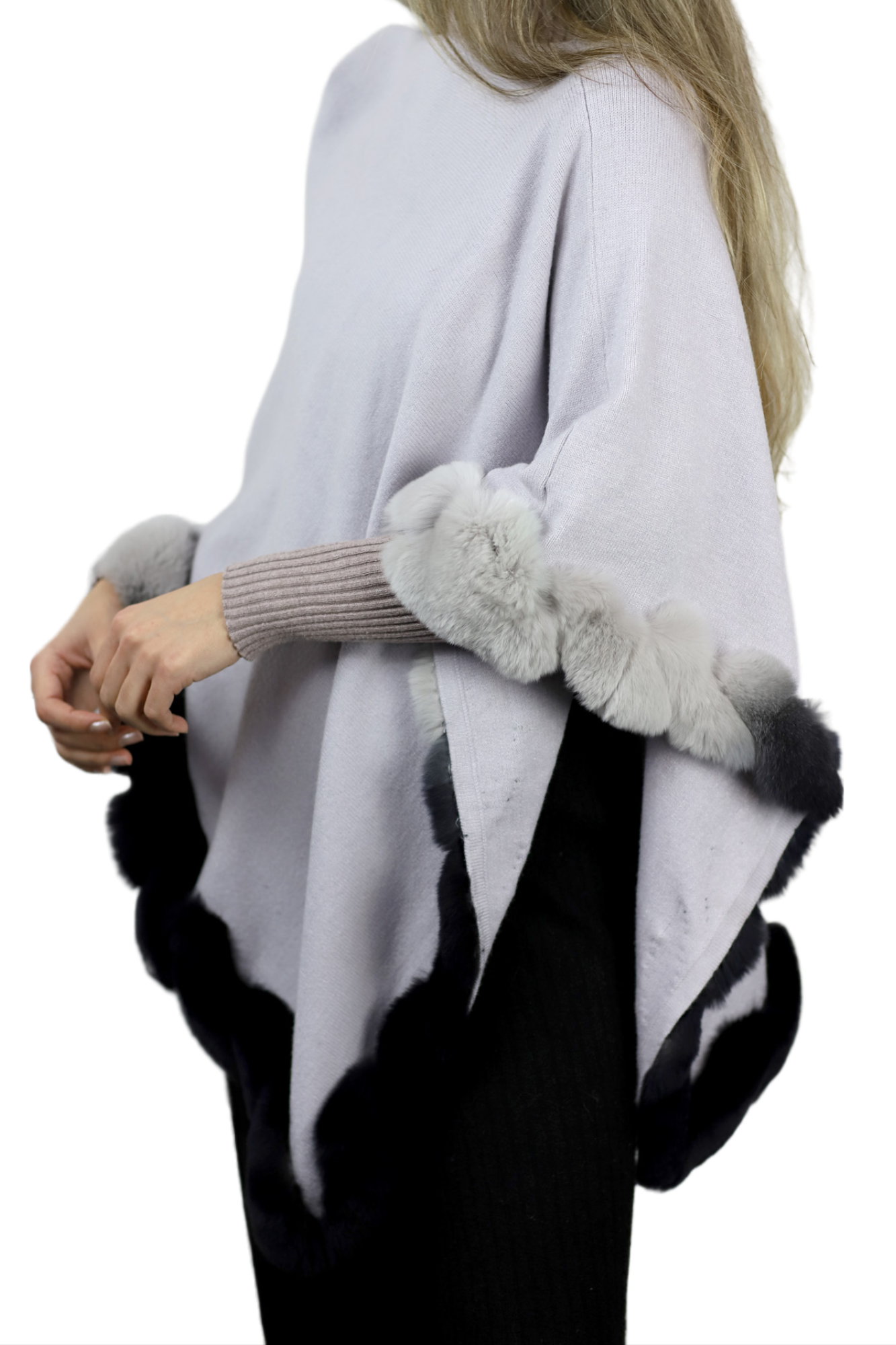 La Fiorentina | Asymmetrical Poncho with Ombre Fur Trim - Gray - Fur Poncho - La Fiorentina TNF2111-GRAY