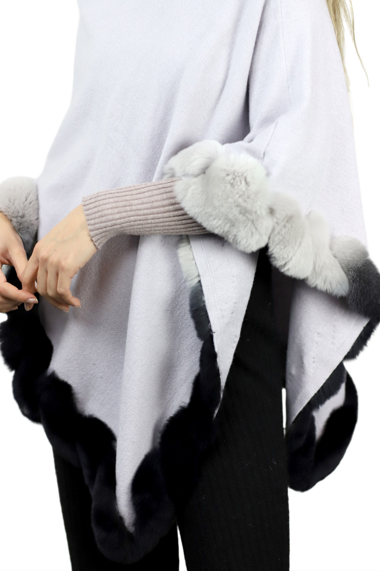 La Fiorentina | Asymmetrical Poncho with Ombre Fur Trim - Gray - Fur Poncho - La Fiorentina TNF2111-GRAY