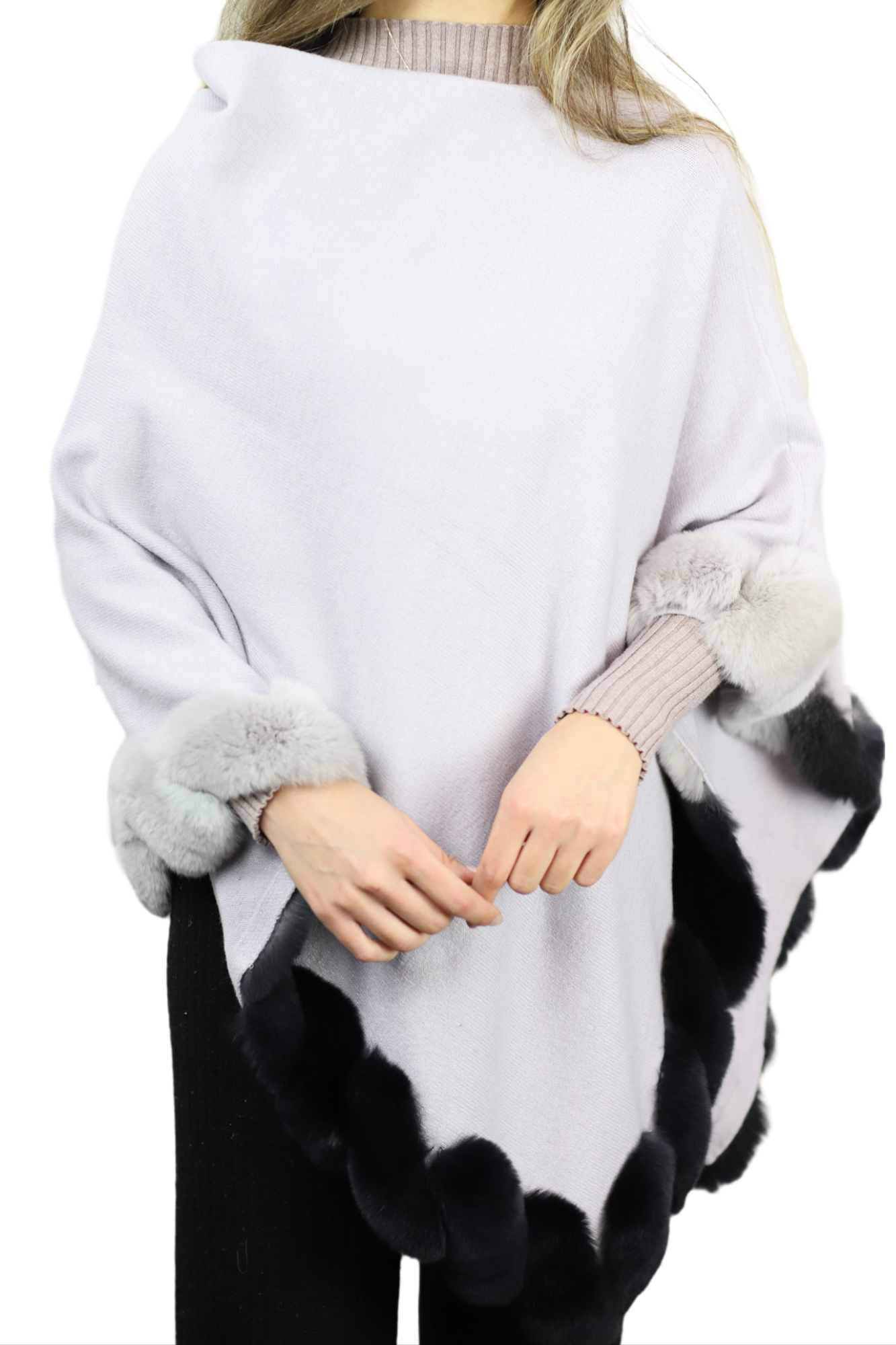 La Fiorentina | Asymmetrical Poncho with Ombre Fur Trim - Gray - Fur Poncho - La Fiorentina TNF2111-GRAY