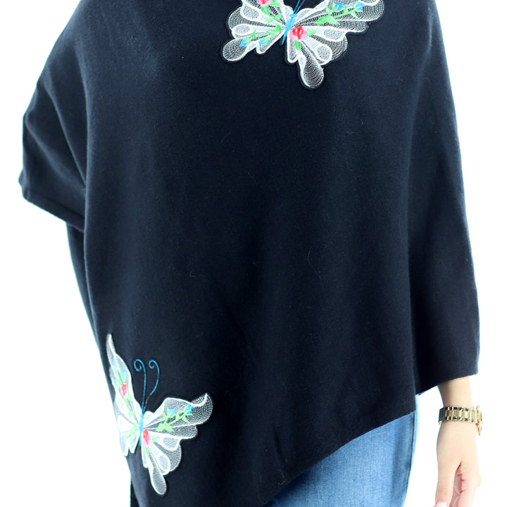 Knitted Poncho with Butterfly Embroidery - Poncho - La Fiorentina, Black/Multi TNK2204_BLKMLTI