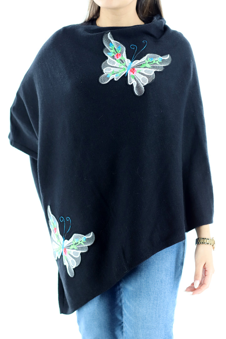 Knitted Poncho with Butterfly Embroidery - Poncho - La Fiorentina, Black/Multi TNK2204_BLKMLTI