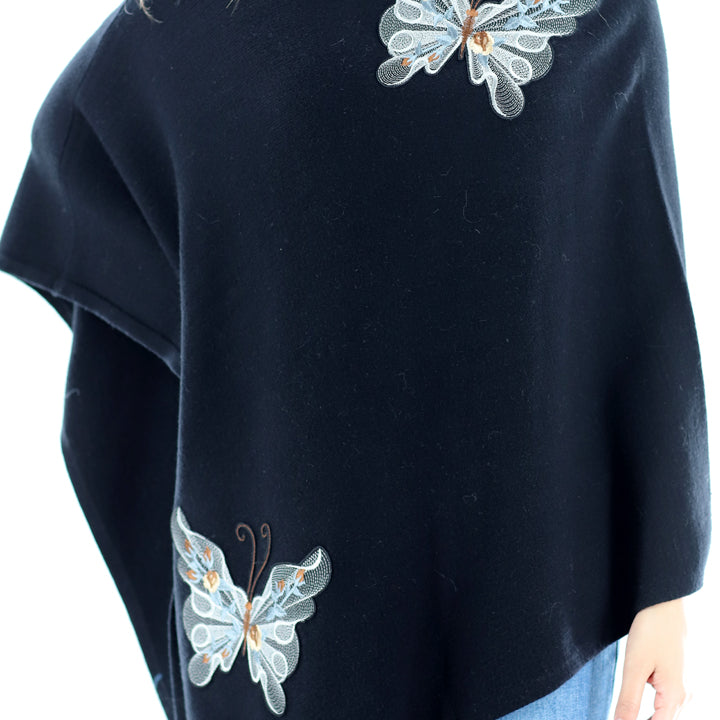 Knitted Poncho with Butterfly Embroidery - Poncho - La Fiorentina, Black/Neutral TNK2204_BLKNTRL
