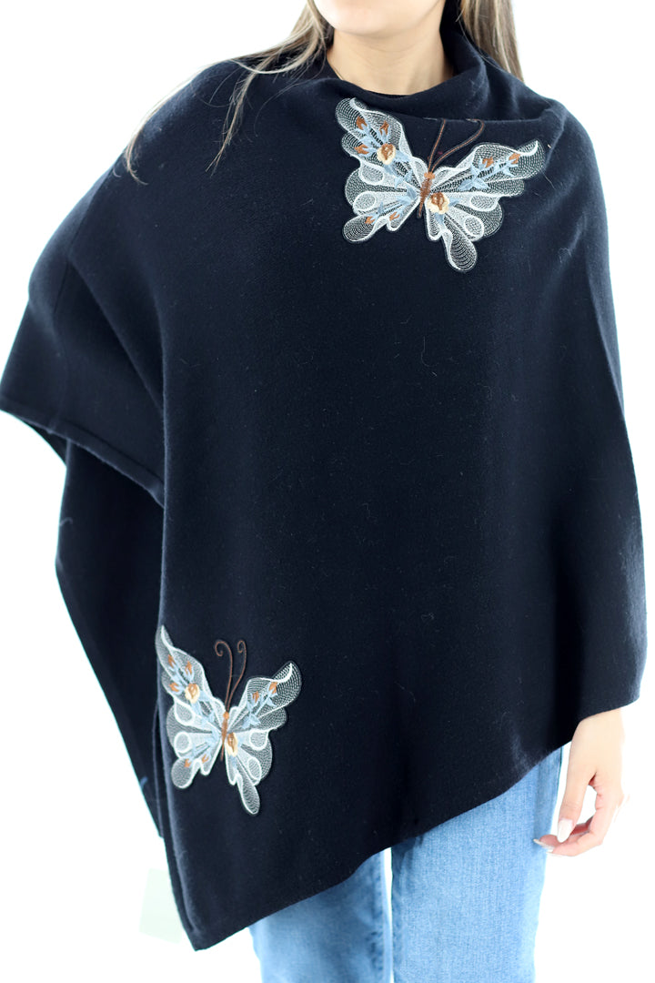 Knitted Poncho with Butterfly Embroidery - Poncho - La Fiorentina, Black/Neutral TNK2204_BLKNTRL