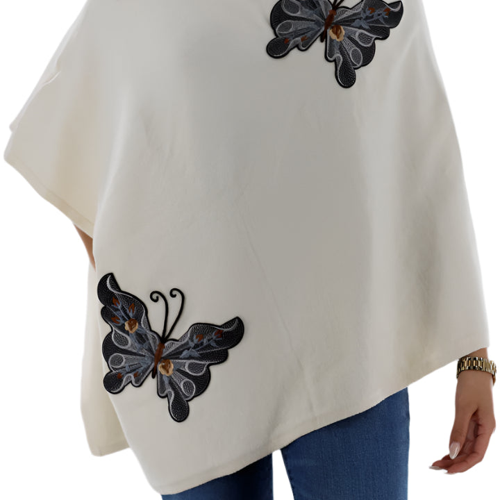Knitted Poncho with Butterfly Embroidery - Poncho - La Fiorentina, Ivory TNK2204_IVORY