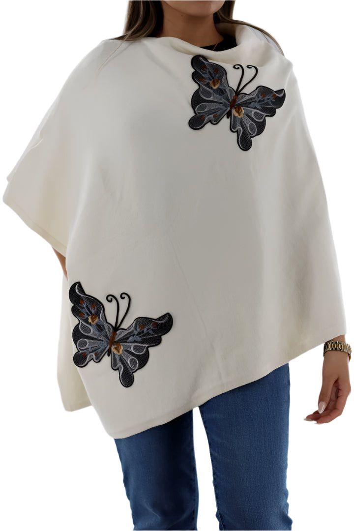Knitted Poncho with Butterfly Embroidery - Poncho - La Fiorentina, Ivory TNK2204_IVORY